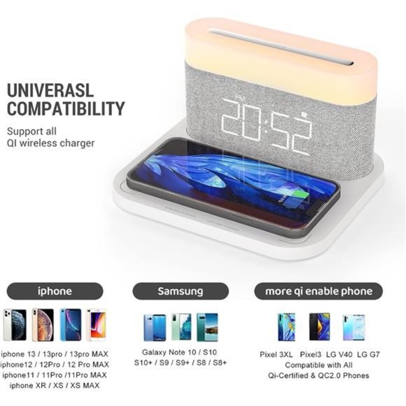 Digital Alarm Clock with LED Night Light Wireless Charging 15W Max Touch Bedside - Picture 3 of 5